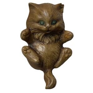 Vintage Gare Playful Persian Cat Figurine Brown Ceramic Green Eyes HTF Chip Ear